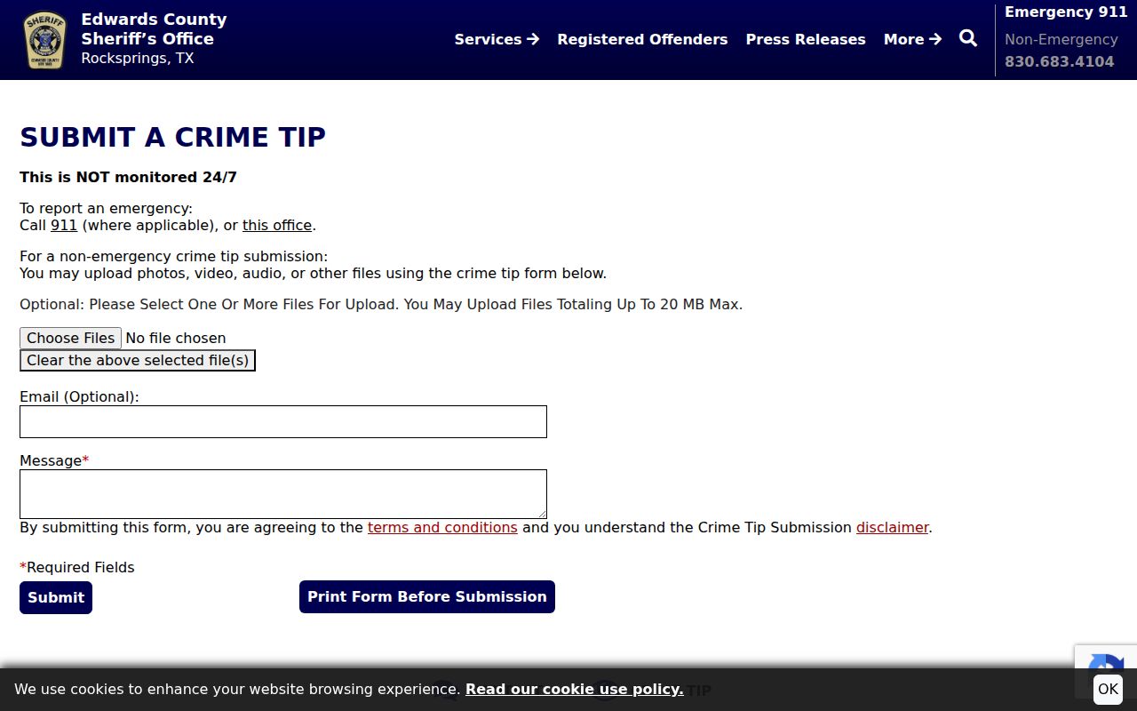 Edwards County Most Wanted tip reporting form and safety instructions