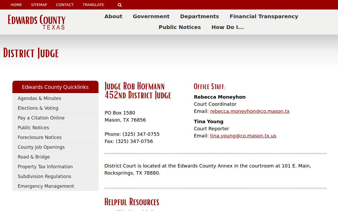 Edwards County bench warrant research, 452nd District Court annex