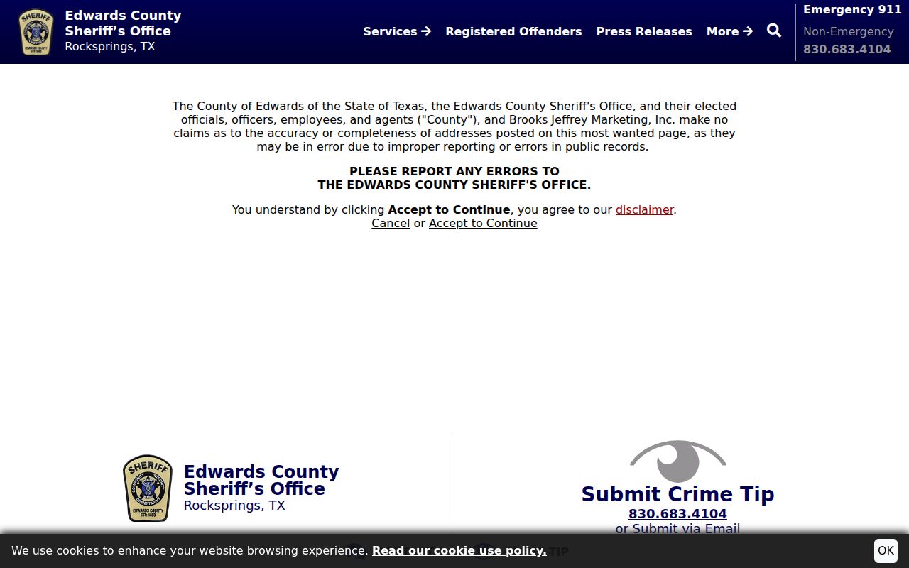 Edwards County active warrant page disclaimer about list limits