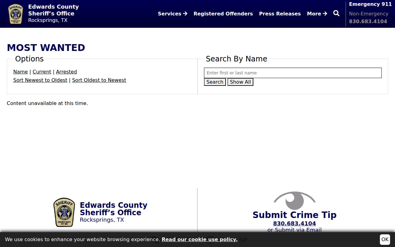 Edwards County active warrant notice, sheriff Most Wanted interface